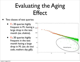 Evaluating the Aging
                                   Effect
   •       Two classes of test queries:
             •          F1: 30 queries highly
                                                   1e+06
                                                                     Top 1000 queries in month 1 on month 1
                                                                     Top 1000 queries in month 3 on month 1

                        frequent in M1 having a    100000

                        large drop in the test
                        month (ex. shakira).       10000




             •          F3: 30 queries highly        1000


                        frequent in the test
                        month having a large
                                                      100




                        drop in M1 (ex. da vinci       10                 !#$%'()*+,'
                        code, mothers day gift);
                                                        1
                                                            1   10           100                              1000




martedì 4 maggio 2010
 