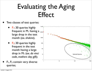 Evaluating the Aging
                                   Effect
   •       Two classes of test queries:
             •          F1: 30 queries highly
                                                   1e+06
                                                                     Top 1000 queries in month 1 on month 1
                                                                     Top 1000 queries in month 3 on month 1

                        frequent in M1 having a    100000

                        large drop in the test
                        month (ex. shakira).       10000




             •          F3: 30 queries highly        1000


                        frequent in the test
                        month having a large
                                                      100




                        drop in M1 (ex. da vinci       10                 !#$%'()*+,'
                        code, mothers day gift);
   •
                                                        1

           F1, F3 contain very diverse
                                                            1   10           100                              1000



           queries;
martedì 4 maggio 2010
 
