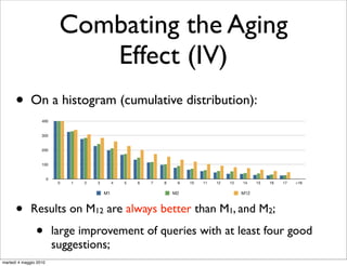 12,5




                                Combating the Aging
                            0
                                0   1   2   3        4   5   6   7   8    9   10   11   12   13   14    15   16   17   18


                                                M1                       M2                       M12




                                   Effect (IV)
                      Figure 4: Histogram showing the number of queries
                      (on the y axis) having a certain number of useful
                      recommendations (on the x axis). Results are eval-

          •           uated automatically.
                  On a histogram (cumulative distribution):
                       400


                       300



t                      200


                       100


                            0
                                0   1   2   3        4   5   6   7   8    9   10   11   12   13   14    15   16   17   18

                                                M1                       M2                       M12



-         •       Results on M12 are always better than M1, and M2;
                      Figure 5: Histogram showing the total number of
                    • queries improvement ofhaving at least aleast four good
                        large (on the y axis) queries with at certain num-
                        suggestions;
                      ber of useful recommendations (on the x axis). For
                      instance the third bucket shows how many queries
    martedì 4 maggio 2010
 