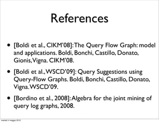 References

      • [Boldi et al., CIKM’08]: The Query Flow Graph: model
             and applications. Boldi, Bonchi, Castillo, Donato,
             Gionis,Vigna. CIKM’08.
      • [Boldi et al., WSCD’09]: Query Suggestions using
             Query-Flow Graphs. Boldi, Bonchi, Castillo, Donato,
             Vigna. WSCD’09.
      • [Bordino et al., 2008]: Algebra for the joint mining of
             query log graphs, 2008.

martedì 4 maggio 2010
 