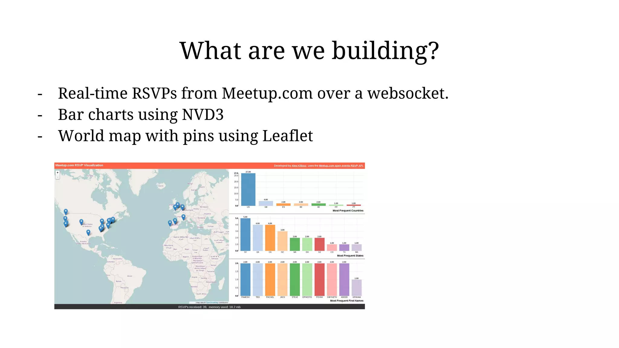 What are we building?
- Real-time RSVPs from Meetup.com over a websocket.
- Bar charts using NVD3
- World map with pins using Leaflet
 