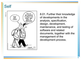Self
8.01. Further their knowledge
of developments in the
analysis, specification,
design, development,
maintenance, and testing of
software and related
documents, together with the
management of the
development process.
 