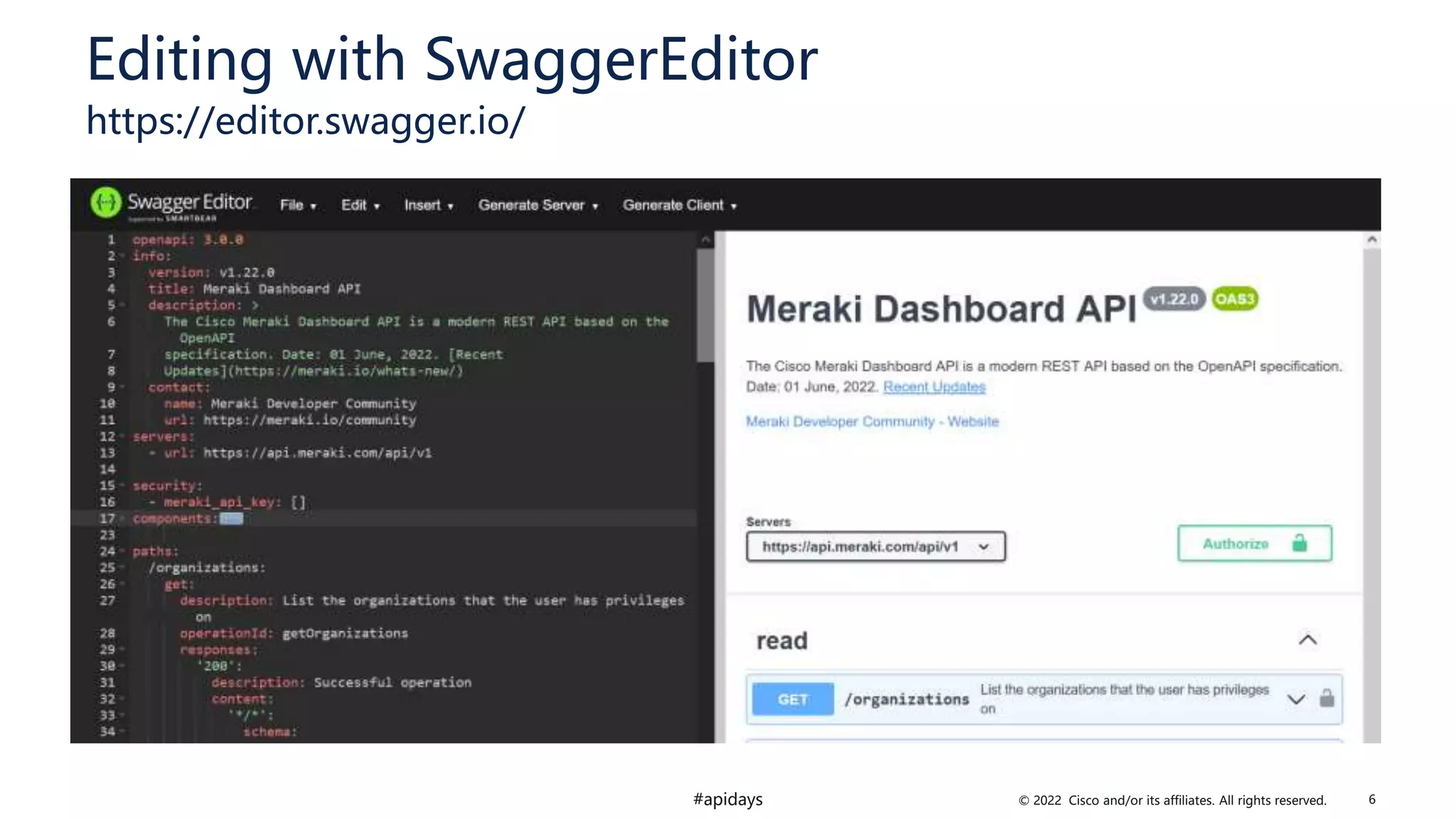 © 2022 Cisco and/or its affiliates. All rights reserved.
#apidays
Editing with SwaggerEditor
https://editor.swagger.io/
6
 