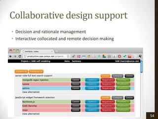 Collaborative design support
• Decision and rationale management
• Interactive collocated and remote decision making




                                                      54
 