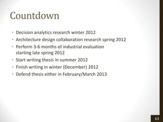 Countdown
• Decision analytics research winter 2012
• Architecture design collaboration research spring 2012
• Perform 3-6 months of industrial evaluation
  starting late spring 2012
• Start writing thesis in summer 2012
• Finish writing in winter (December) 2012
• Defend thesis either in February/March 2013




                                                           63
 