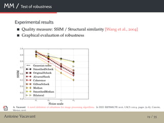MM / Test of robustness
Experimental results
Quality measure: SSIM / Structural similarity [Wang et al., 2004]
Graphical evaluation of robustness
A. Vacavant: A novel deﬁnition of robustness for image processing algorithms. In IEEE RRPR@ICPR 2016, LNCS 10214, pages 75–87, Cancún,
Mexico, 2016.
Antoine Vacavant 19 / 55
 