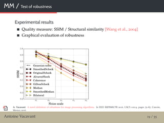 MM / Test of robustness
Experimental results
Quality measure: SSIM / Structural similarity [Wang et al., 2004]
Graphical evaluation of robustness
A. Vacavant: A novel deﬁnition of robustness for image processing algorithms. In IEEE RRPR@ICPR 2016, LNCS 10214, pages 75–87, Cancún,
Mexico, 2016.
Antoine Vacavant 19 / 55
 