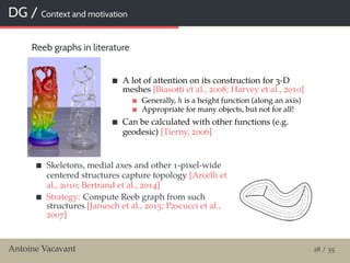 DG / Context and motivation
Reeb graphs in literature
A lot of attention on its construction for 3-D
meshes [Biasotti et al., 2008; Harvey et al., 2010]
Generally, h is a height function (along an axis)
Appropriate for many objects, but not for all!
Can be calculated with other functions (e.g.
geodesic) [Tierny, 2006]
Skeletons, medial axes and other 1-pixel-wide
centered structures capture topology [Arcelli et
al., 2010; Bertrand et al., 2014]
Strategy: Compute Reeb graph from such
structures [Janusch et al., 2015; Pascucci et al.,
2007]
Antoine Vacavant 28 / 55
 