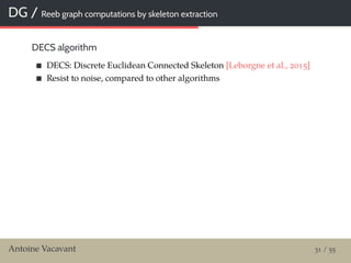 DG / Reeb graph computations by skeleton extraction
DECS algorithm
DECS: Discrete Euclidean Connected Skeleton [Leborgne et al., 2015]
Resist to noise, compared to other algorithms
Antoine Vacavant 31 / 55
 