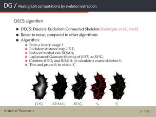 DG / Reeb graph computations by skeleton extraction
DECS algorithm
DECS: Discrete Euclidean Connected Skeleton [Leborgne et al., 2015]
Resist to noise, compared to other algorithms
Algorithm:
From a binary image I
Euclidean distance map EDTI
Reduced medial axis RDMAI
Laplacian-of-Gaussian ﬁltering of EDTI as RDGI
Combine RDGI and RDMAI to calculate a coarse skeleton SI
Thin and prune SI to obtain S∗
I
EDTI RDMAI RDGI SI S∗
I
Antoine Vacavant 31 / 55
 