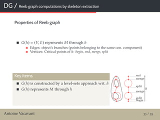 DG / Reeb graph computations by skeleton extraction
Properties of Reeb graph
G(h) (V, E) represents M through h
Edges: object’s branches (points belonging to the same con. component)
Vertices: Critical points of h: begin, end, merge, split
Key items
G(h) is constructed by a level-sets approach wrt. h
G(h) represents M through h
Antoine Vacavant 33 / 55
 