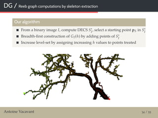 DG / Reeb graph computations by skeleton extraction
Our algorithm
From a binary image I, compute DECS S∗
I
, select a starting point pS in S∗
I
Breadth-ﬁrst construction of GI(h) by adding points of S∗
I
Increase level-set by assigning increasing h values to points treated
Antoine Vacavant 34 / 55
 
