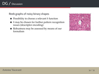 DG / Discussion
Reeb graphs of noisy binary shapes
Possibility to choose a relevant h function
h may be chosen for further pattern recognition
issues (descriptor encoding)
Robustness may be assessed by means of our
formalism
Antoine Vacavant 39 / 55
 