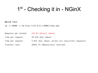 st

1 - Checking it in - NGinX
NGinX Test
ab -n 10000 -c 10 http://127.0.0.1:8080/index.php

Requests per second:

253.01 [#/sec] (mean)

Time per request:

39.524 [ms] (mean)

Time per request:

3.952 [ms] (mean, across all concurrent requests)

Transfer rate:

29931.75 [Kbytes/sec] received

 