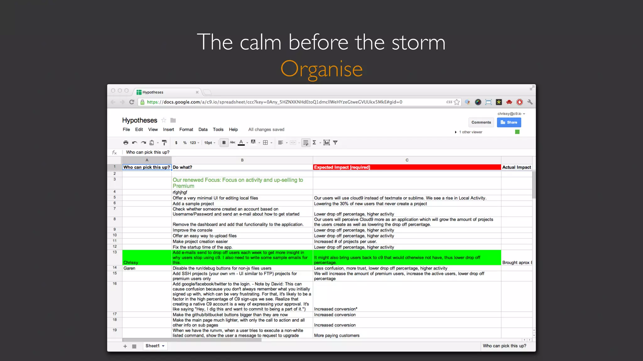 The calm before the storm
        Organise
 