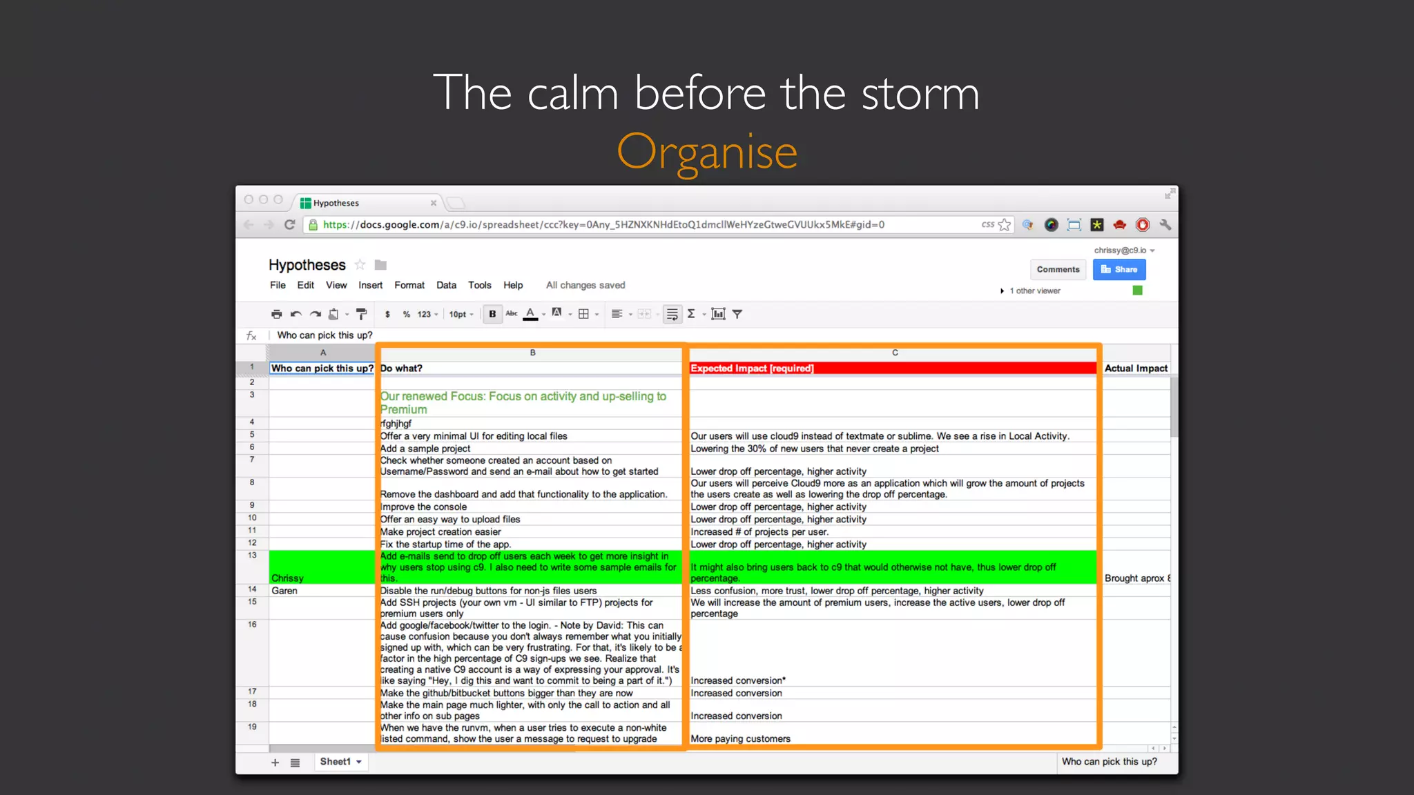 The calm before the storm
        Organise
 