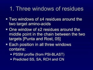 1. Three windows of residues Two windows of ±4 residues around the two target amino-acids One window of ±2 residues around the middle point in the chain between the two targets [Punta and Rost, 05] Each position in all three windows contains: PSSM profile (from PSI-BLAST) Predicted SS, SA, RCH and CN 