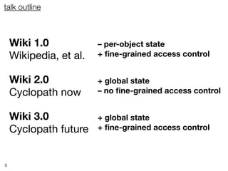 talk outline



    Wiki 1.0            – per-object state
    Wikipedia, et al.   + ﬁne-grained access control


    Wiki 2.0            + global state
    Cyclopath now       – no ﬁne-grained access control


    Wiki 3.0            + global state
    Cyclopath future    + ﬁne-grained access control



5
 