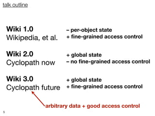 talk outline



    Wiki 1.0            – per-object state
    Wikipedia, et al.   + ﬁne-grained access control


    Wiki 2.0            + global state
    Cyclopath now       – no ﬁne-grained access control


    Wiki 3.0            + global state
    Cyclopath future    + ﬁne-grained access control


                arbitrary data + good access control
5
 