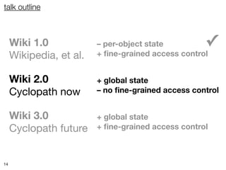 talk outline



     Wiki 1.0            – per-object state         ✓
     Wikipedia, et al.   + ﬁne-grained access control


     Wiki 2.0            + global state
     Cyclopath now       – no ﬁne-grained access control


     Wiki 3.0            + global state
     Cyclopath future    + ﬁne-grained access control



14
 
