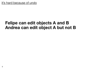 it’s hard because of undo




    Felipe can edit objects A and B
    Andrea can edit object A but not B




4
 