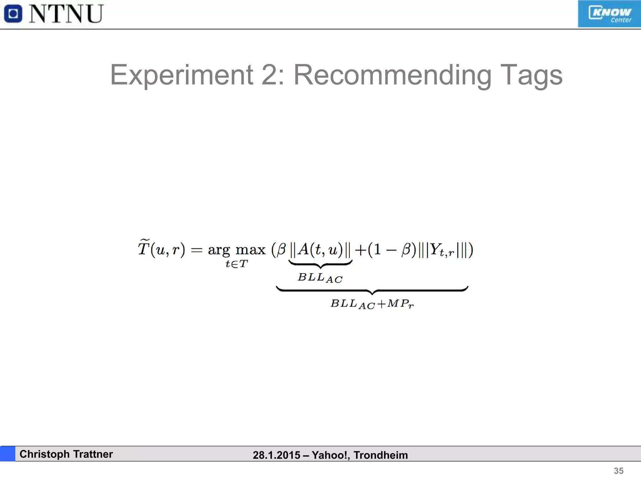 35
. Christoph Trattner 28.1.2015 – Yahoo!, Trondheim
Experiment 2: Recommending Tags
 