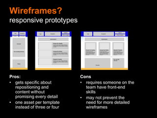 Wireframes?
full wireframes for each breakpoint




Pros:                          Cons
•  most thorough method        •  takes the longest
•  no page element left        •  it’s static!
   unexplored
                               •  with a slow-decision
•  may be the best
   solution for retrofitting      group, prepare for a
   because it provides the        long process
   most detail
 