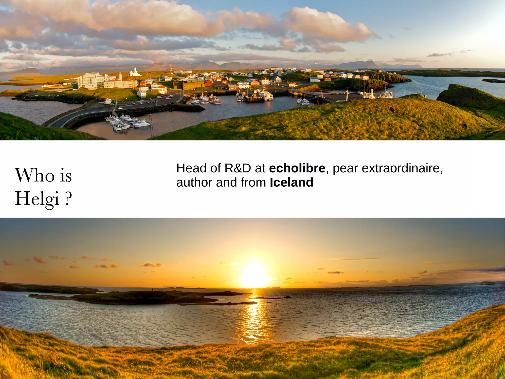 Head of R&D at  echolibre , pear extraordinaire,  author and from  Iceland   Head of R&D at  echolibre , pear extraordinaire, published author and an  Icelander   Who is Helgi ? Head of R&D at  echolibre , pear extraordinaire,  author and from  Iceland 