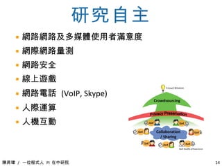 今天的主題 社群網路中非自願性的資訊洩露 遊戲外掛偵測 遊戲玩家忠誠度分析 即時匿蹤殭屍電腦偵測 影像故事自動編排系統 