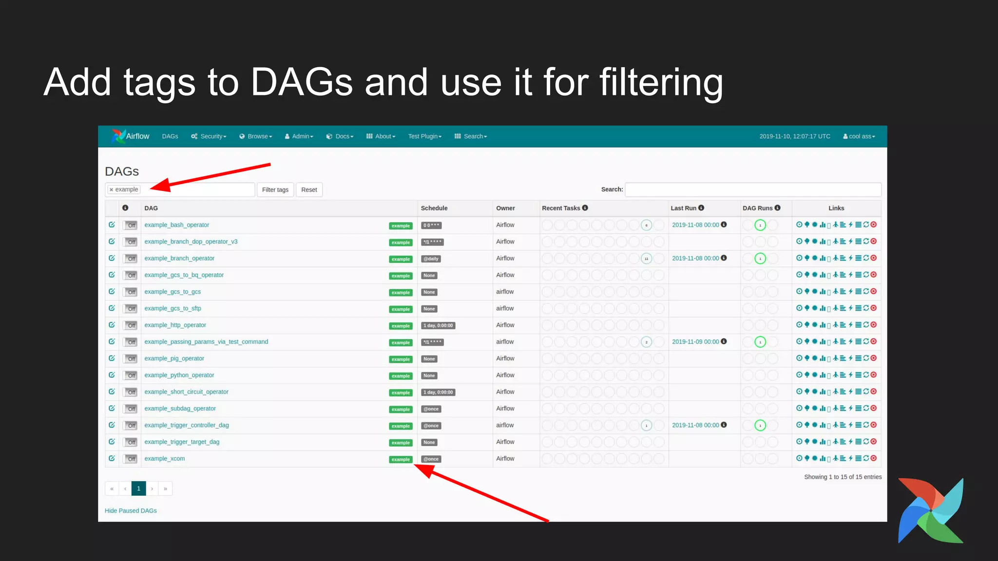 Add tags to DAGs and use it for filtering
 