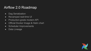 Airflow 2.0 Roadmap
● Dag Serialization
● Revamped real-time UI
● Production-grade modern API
● Official Docker Image & Helm chart
● Scheduler Improvements
● Data Lineage
 