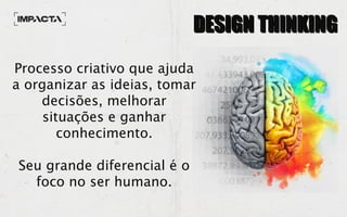 DESIGN THINKINGDESIGN THINKING
Processo criativo que ajuda
a organizar as ideias, tomar
decisões, melhorar
situações e ganhar
conhecimento.
Seu grande diferencial é o
foco no ser humano.
 