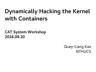Dynamically Hacking the Kernel
with Containers
CAT System Workshop
2016.09.20
Quey-Liang Kao
NTHUCS
 