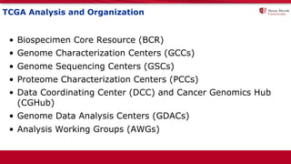 TCGA Analysis and Organization
• Biospecimen Core Resource (BCR)
• Genome Characterization Centers (GCCs)
• Genome Sequencing Centers (GSCs)
• Proteome Characterization Centers (PCCs)
• Data Coordinating Center (DCC) and Cancer Genomics Hub
(CGHub)
• Genome Data Analysis Centers (GDACs)
• Analysis Working Groups (AWGs)
 