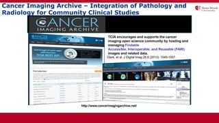 TCIA encourages and supports the cancer
imaging open science community by hosting and
managing Findable
Accessible, Interoperable, and Reusable (FAIR)
images and related data.
http://www.cancerimagingarchive.net/
Clark, et al. J Digital Imag 26.6 (2013): 1045-1057.
Cancer Imaging Archive – Integration of Pathology and
Radiology for Community Clinical Studies
 