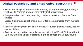 Digital Pathology and Integrative Everything
• Statistical analyses and machine learning to link Radiology/Pathology
features to “omics” and outcome biological phenomena
• Image analysis and deep learning methods to extract features from
images
• Support queries against ensembles of features extracted from multiple
datasets
• Identify and segment trillions of objects – nuclei, glands, ducts, nodules,
tumor niches
• Analysis of integrated spatially mapped structural/”omic” information to
gain insight into cancer mechanism and to choose best intervention
 