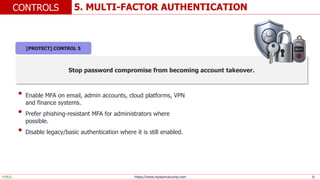 https://www.elysiumsecurity.com 15
5. MULTI-FACTOR AUTHENTICATION
CONTROLS
PUBLIC
Stop password compromise from becoming account takeover.
• Enable MFA on email, admin accounts, cloud platforms, VPN
and finance systems.
• Prefer phishing-resistant MFA for administrators where
possible.
• Disable legacy/basic authentication where it is still enabled.
[PROTECT] CONTROL 5
 