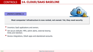 https://www.elysiumsecurity.com 24
14. CLOUD/SAAS BASELINE
CONTROLS
PUBLIC
Most companies’ infrastructure is now rented, not owned. Yet, they need security
• Inventory SaaS applications and owners.
• Set secure defaults: MFA, admin alerts, external sharing
limits and retention.
• Review integrations, OAuth apps and abandoned accounts.
[PROTECT] CONTROL 14
 