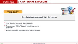 https://www.elysiumsecurity.com 27
17. EXTERNAL EXPOSURE
CONTROLS
PUBLIC
See what attackers can reach from the internet.
• Scan domains and public IPs periodically.
• Track exposed RDP/VPN/admin portals and expired
certificates.
• Fix critical external exposure before internal niceties.
[IDENTIFY/DETECT]
CONTROL 17
 