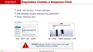 https://www.elysiumsecurity.com 6
Regulation Creates a Response Clock
CONTEXT
PUBLIC
• GDPR / MU DPA 2017: 72 hours notification
• BoM: Mandatory incident reporting to the central bank
• Clients' notification duty
USA – 2024 - ICE – $10M UK – 2026 - Water Company – £1M
DO NOT build your IR plan or Learn about your Legal
requirements during an incident
 