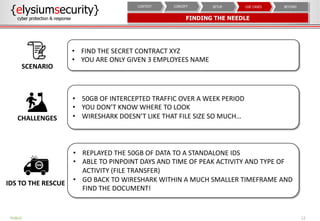 12PUBLIC
{elysiumsecurity}
cyber protection & response FINDING THE NEEDLE
BEYONDUSE CASESSETUPCONCEPTCONTEXT
• FIND THE SECRET CONTRACT XYZ
• YOU ARE ONLY GIVEN 3 EMPLOYEES NAME
SCENARIO
• 50GB OF INTERCEPTED TRAFFIC OVER A WEEK PERIOD
• YOU DON’T KNOW WHERE TO LOOK
• WIRESHARK DOESN’T LIKE THAT FILE SIZE SO MUCH…CHALLENGES
• REPLAYED THE 50GB OF DATA TO A STANDALONE IDS
• ABLE TO PINPOINT DAYS AND TIME OF PEAK ACTIVITY AND TYPE OF
ACTIVITY (FILE TRANSFER)
• GO BACK TO WIRESHARK WITHIN A MUCH SMALLER TIMEFRAME AND
FIND THE DOCUMENT!
IDS TO THE RESCUE
 