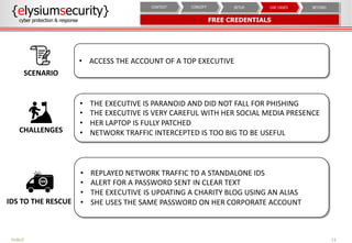13PUBLIC
{elysiumsecurity}
cyber protection & response FREE CREDENTIALS
BEYONDUSE CASESSETUPCONCEPTCONTEXT
• ACCESS THE ACCOUNT OF A TOP EXECUTIVE
SCENARIO
• THE EXECUTIVE IS PARANOID AND DID NOT FALL FOR PHISHING
• THE EXECUTIVE IS VERY CAREFUL WITH HER SOCIAL MEDIA PRESENCE
• HER LAPTOP IS FULLY PATCHED
• NETWORK TRAFFIC INTERCEPTED IS TOO BIG TO BE USEFULCHALLENGES
• REPLAYED NETWORK TRAFFIC TO A STANDALONE IDS
• ALERT FOR A PASSWORD SENT IN CLEAR TEXT
• THE EXECUTIVE IS UPDATING A CHARITY BLOG USING AN ALIAS
• SHE USES THE SAME PASSWORD ON HER CORPORATE ACCOUNTIDS TO THE RESCUE
 