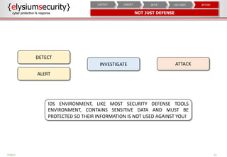 15PUBLIC
{elysiumsecurity}
cyber protection & response NOT JUST DEFENSE
BEYONDUSE CASESSETUPCONCEPTCONTEXT
DETECT
ATTACKINVESTIGATE
ALERT
IDS ENVIRONMENT, LIKE MOST SECURITY DEFENSE TOOLS
ENVIRONMENT, CONTAINS SENSITIVE DATA AND MUST BE
PROTECTED SO THEIR INFORMATION IS NOT USED AGAINST YOU!
 