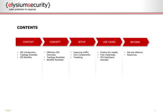2
CONTENTS
PUBLIC
{elysiumsecurity}
cyber protection & response
• IDS Introduction;
• Topology Example;
• IDS Benefits;
• Offensive IDS
Overview;
• Topology Revisited;
• Benefits Revisited;
• Capturing traffic;
• Core Components;
• Tweaking;
• Finding the needle;
• Free credentials;
• IDS Dashboard
example;
BEYONDUSE CASESSETUPCONCEPTCONTEXT
• Not just defence;
• Resources.
 