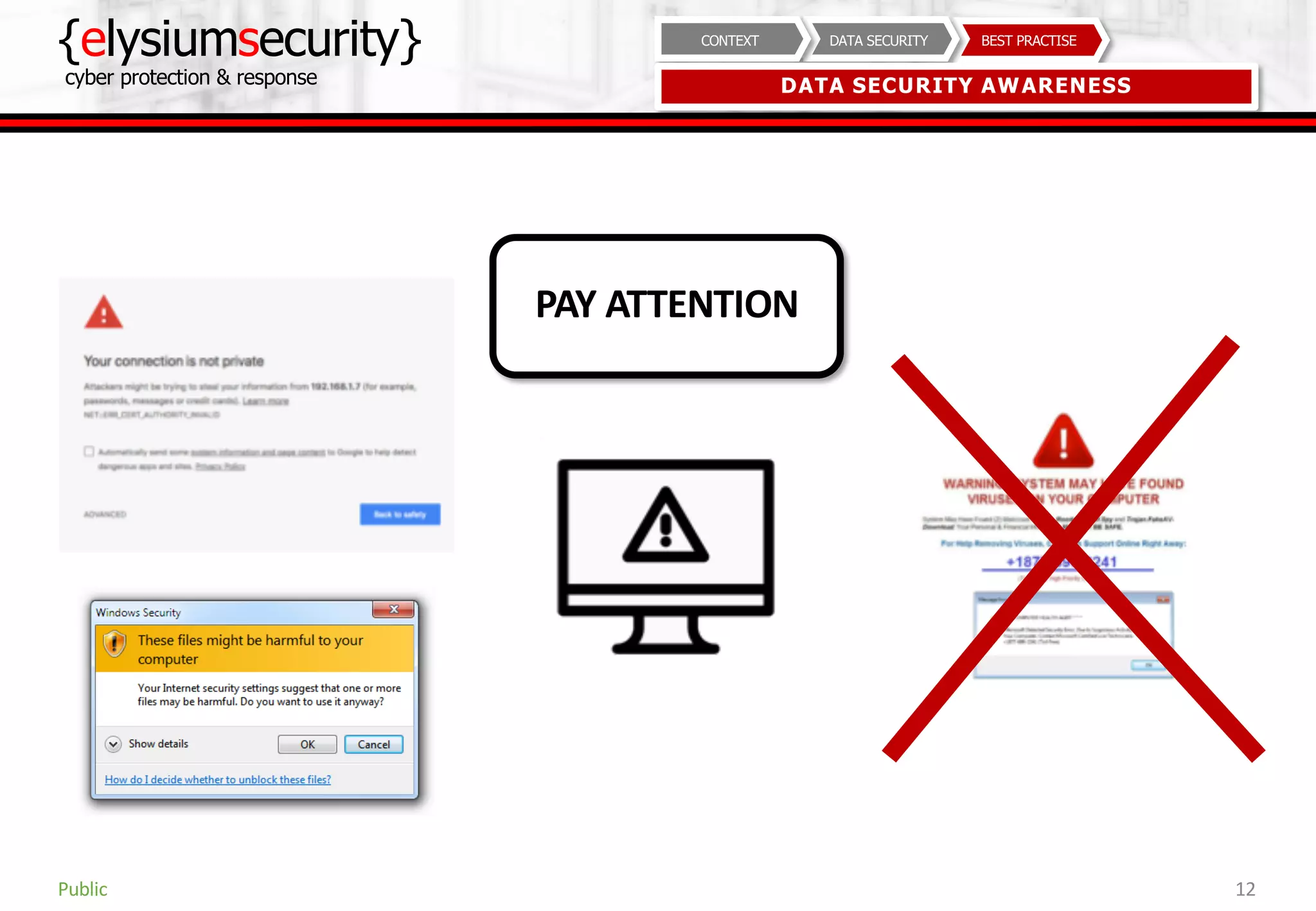 {elysiumsecurity}
cyber protection & response
12
BEST PRACTISEDATA SECURITYCONTEXT
DATA SECURITY AWARENESS
Public
PAY ATTENTION
 