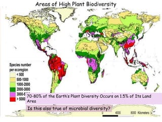 Areas of High Plant Biodiversity




70-80% of the Earth’s Plant Diversity Occurs on 1.5% of Its Land
Area
Is this also true of microbial diversity?
 