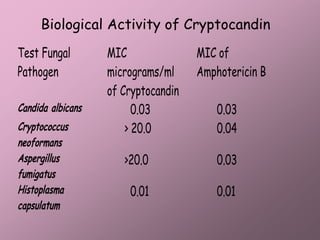 Biological Activity of Cryptocandin
Test Fungal        MIC               MIC of
Pathogen           micrograms/ml     Amphotericin B
                   of Cryptocandin
Candida albicans         0.03            0.03
Cryptococcus           > 20.0            0.04
neoformans
Aspergillus           >20.0              0.03
fumigatus
Histoplasma            0.01              0.01
capsulatum
 