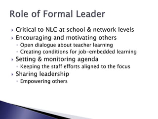  Critical to NLC at school & network levels
 Encouraging and motivating others
◦ Open dialogue about teacher learning
◦ Creating conditions for job-embedded learning
 Setting & monitoring agenda
◦ Keeping the staff efforts aligned to the focus
 Sharing leadership
◦ Empowering others
 