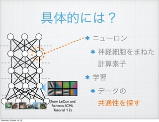 Ĥˤϣ
˥`

Deep Learning = Learning Hierarchical Representations

YL
MA Ra

Uޤͤ

It's deep if it has more than one stage of non-linear feature
transformation
Low-Level

Mid-Level

Feature

High-Level

Feature

Feature
Ӌ

Trainable
Classifier

ѧ
ǩ`
(from LeCun and
Ranzato, ICML
Tutorial 13)
Saturday, October 19, 13

ͨԤ̽

 