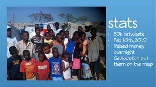 stats• 50k retweets
• Feb 10th, 2010
• Raised money
overnight
• Geolocation put
them on the map